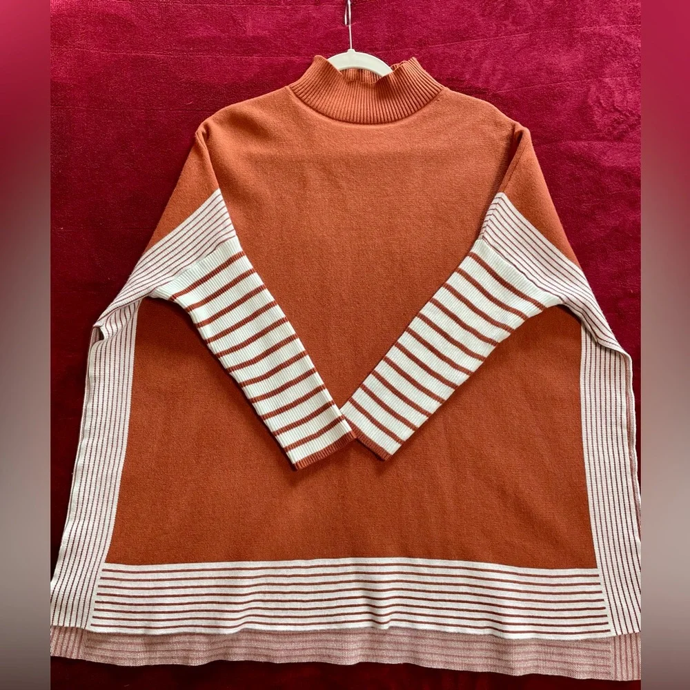Chicwish Mock Neck Poncho Sweater Pullover Burnt Orange Striped Size S / M - Picture 7 of 13